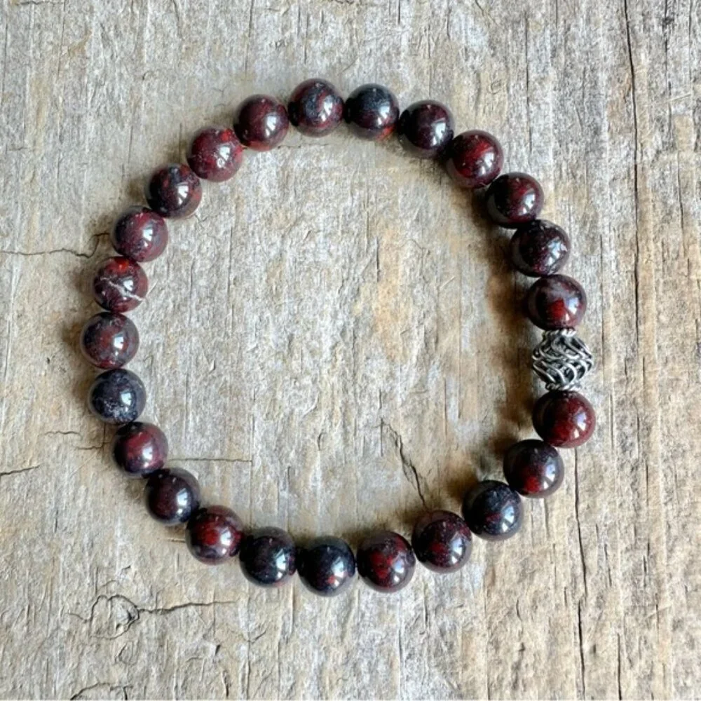 Burgundy Jasper Gemstone Bracelet Sterling Silver Accent Bead Unisex - 8mm Beads